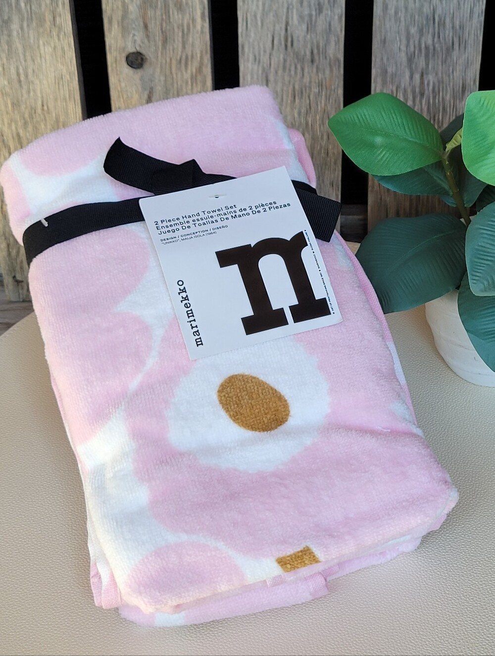 Marimekko Unikko Pink Floral Hand Towel Duo with Gold Center Accents